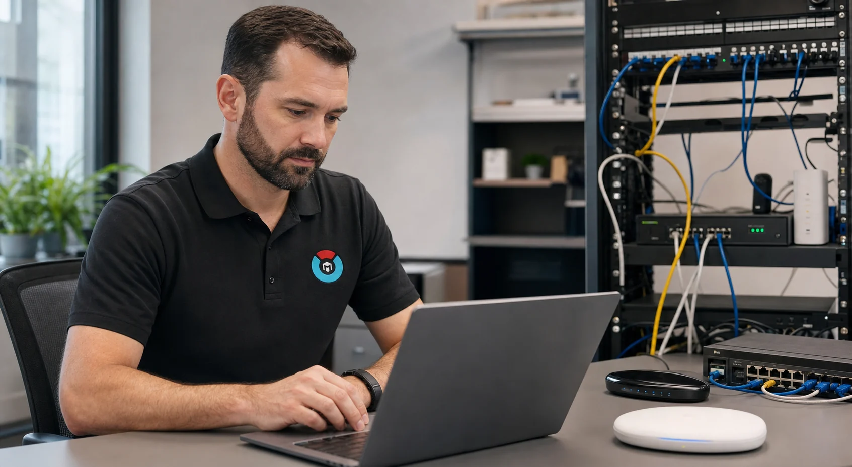 A Micro Com Teck technician diagnosing Wi-Fi and networking equipment