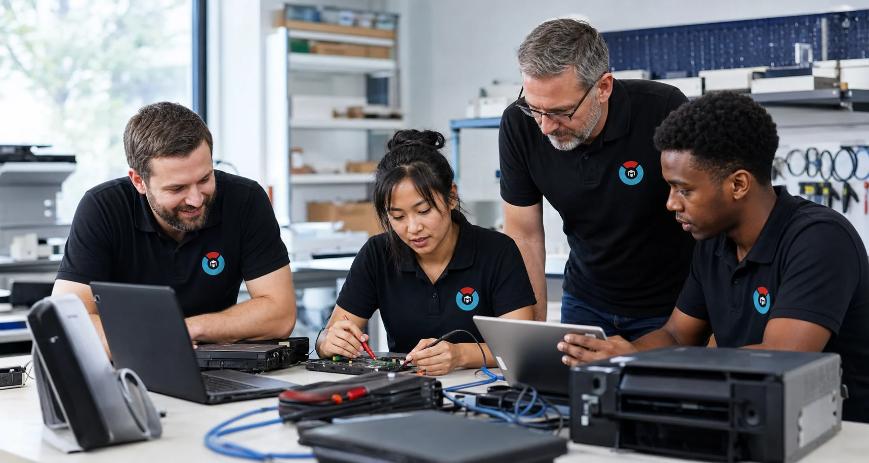 Micro Com Teck technicians collaborating in a modern support workspace